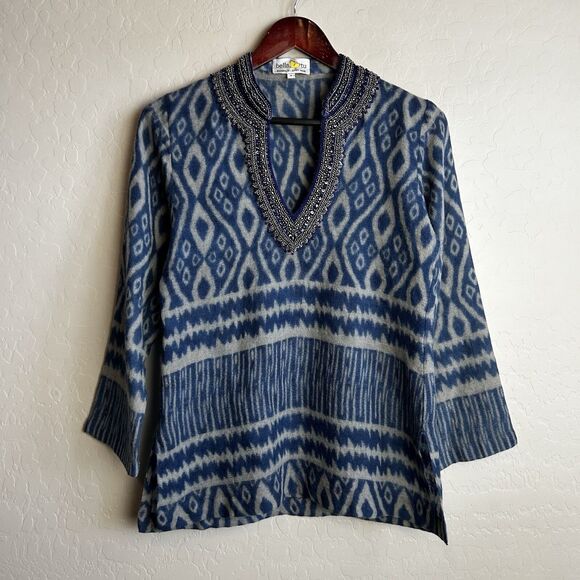 Bella Tu Tunic Top Size Small Blue Gray Beaded Long Sleeve Wool Womens INDIA - Picture 1 of 7